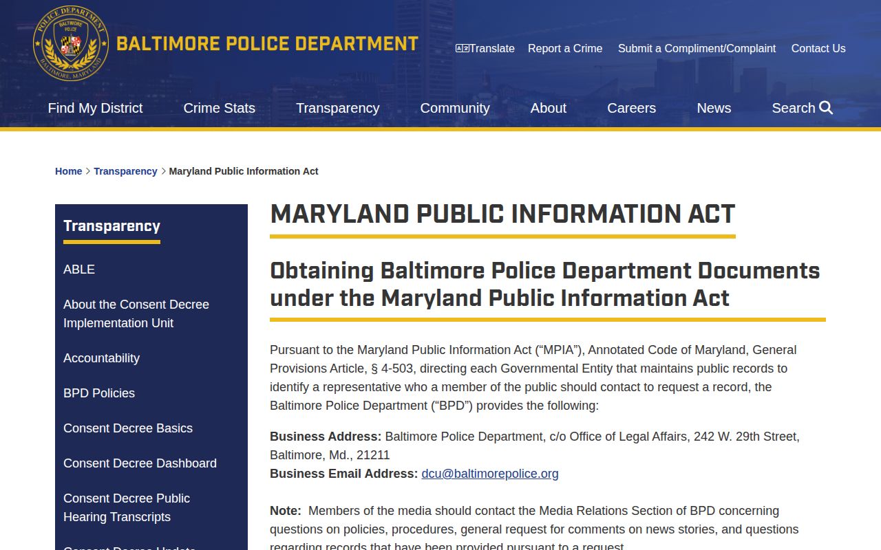 BPD Public Information Act instructions
