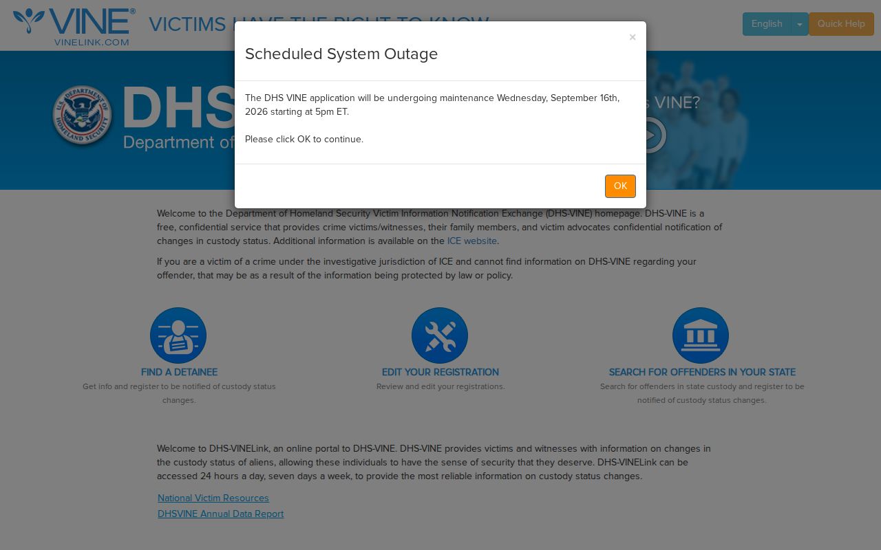 Federal DHS VINE portal distinct from Baltimore City Maryland custody records