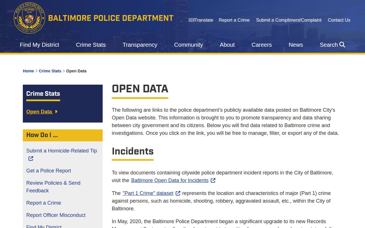 BPD Open Data page linking official arrest data