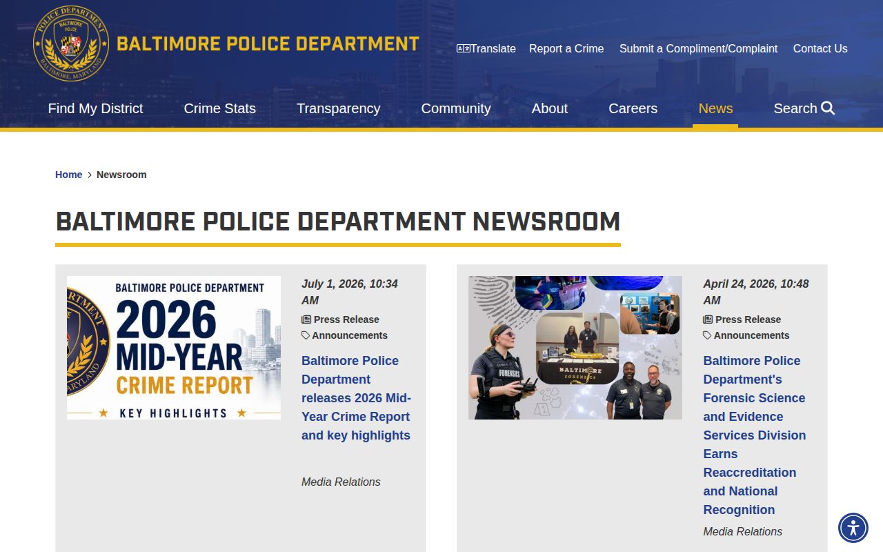 Baltimore Police Department newsroom page for selected arrest announcements