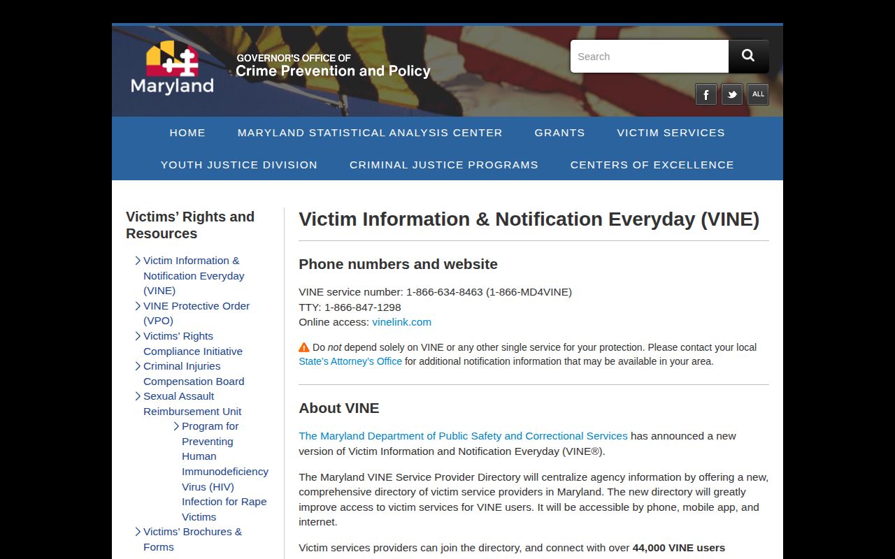 Official Maryland VINE custody notification information for Baltimore City