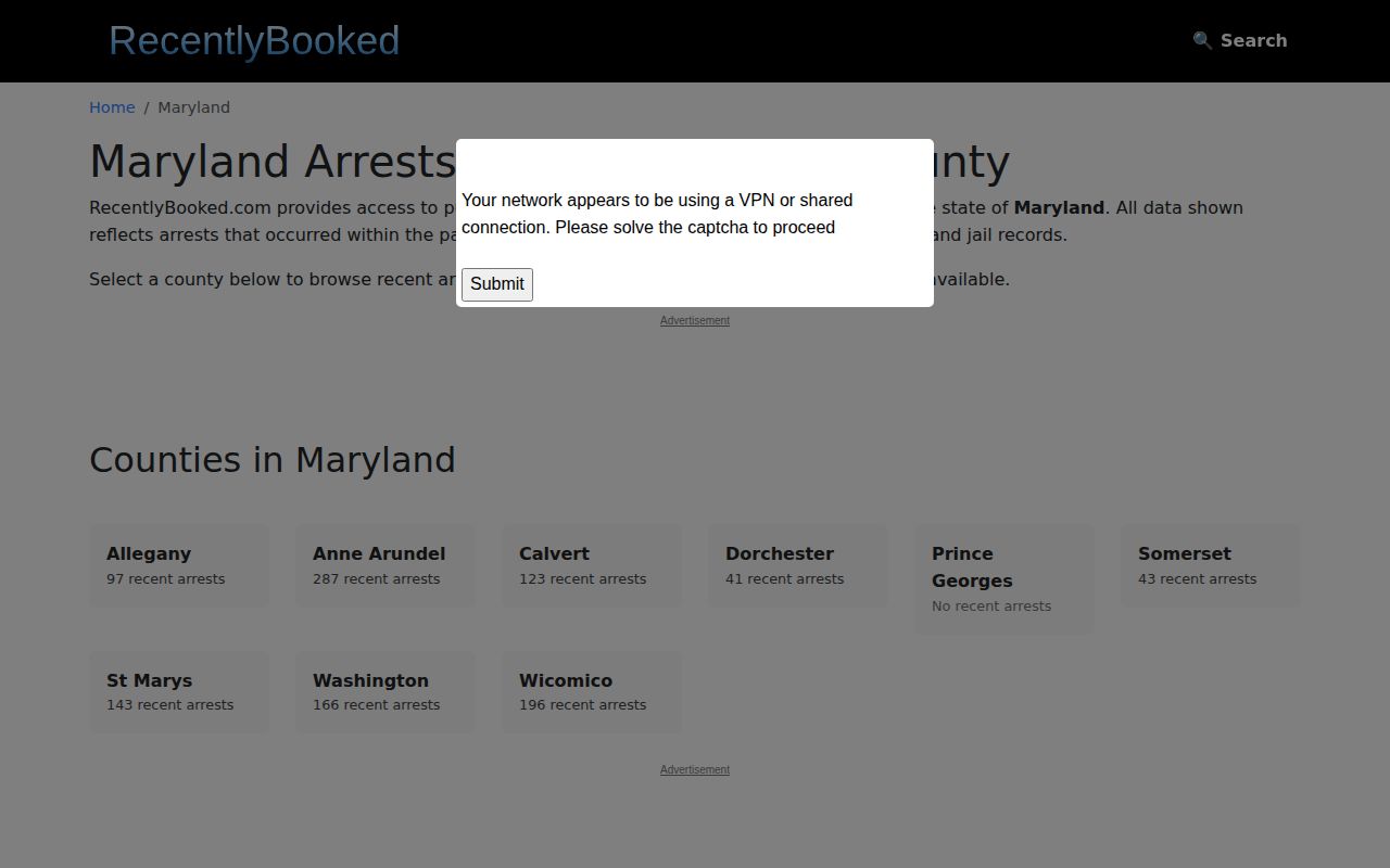 RecentlyBooked Maryland coverage without Baltimore City