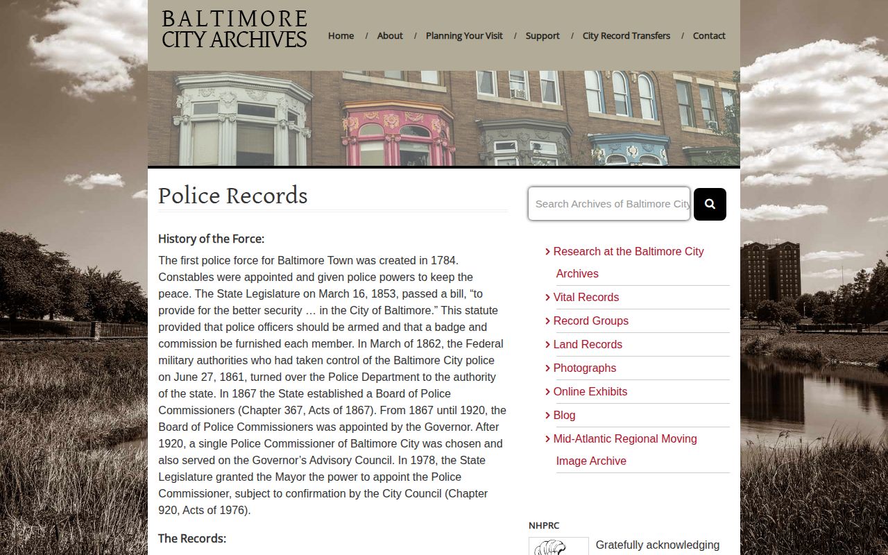Baltimore City historical police arrest records archive path
